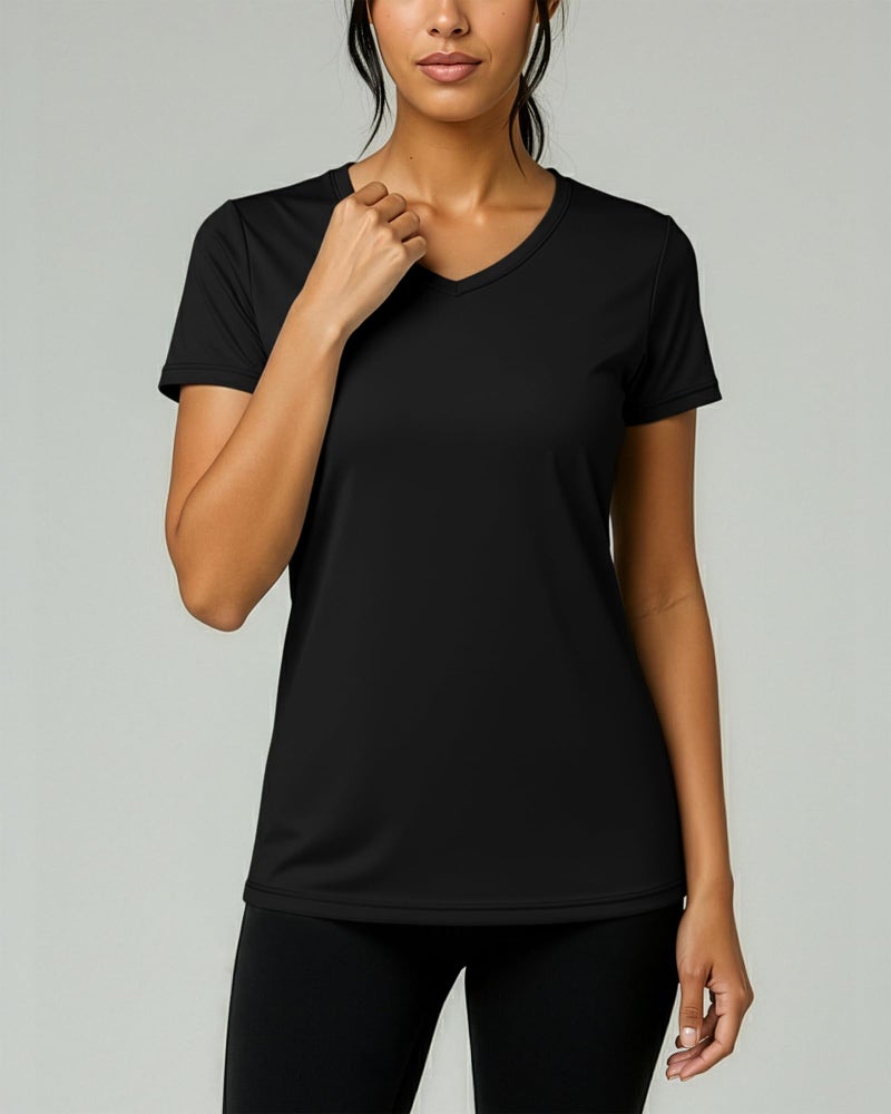 REALESSENTIALS Real Essentials 5 Pack: Women's Dry Fit Short Sleeve V Neck Workout Top - Fitness Pilates Gym Athletic Yoga T-Shirt (Plus Available), Set 5, M - Image 3